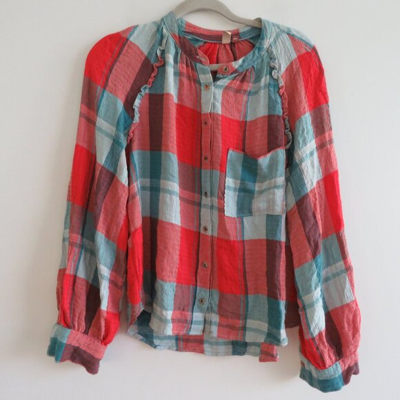 ANTHROPOLOGIE PILCRO Breezy Button Down Buffalo Plaid Seersucker Shirt Blouse - Picture 2 of 12
